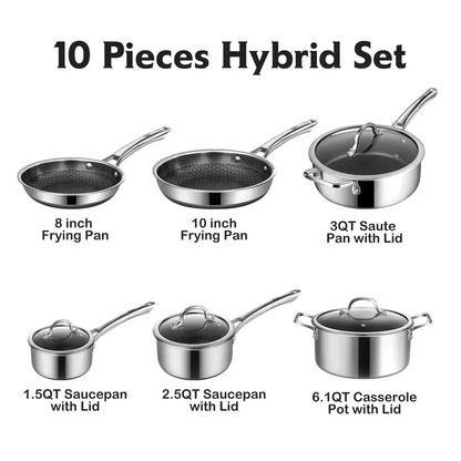 10-Piece Non-Stick Cookware Set, Hybrid Stainless Steel Pots & Pans, Induction Compatible, PFOA Free